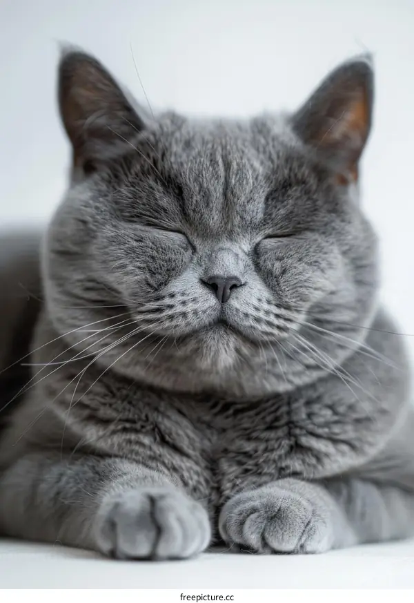 A gray cat is sitting with its eyes closed