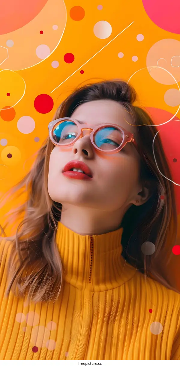 Young Woman With Pink Glasses And Yellow Sweater On An Orange Background With Colorful Circles