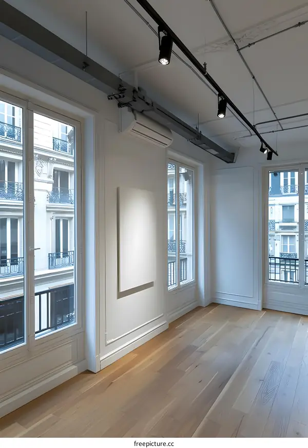 Modern Interior Design with White Walls, Wooden Floor, and Large Windows