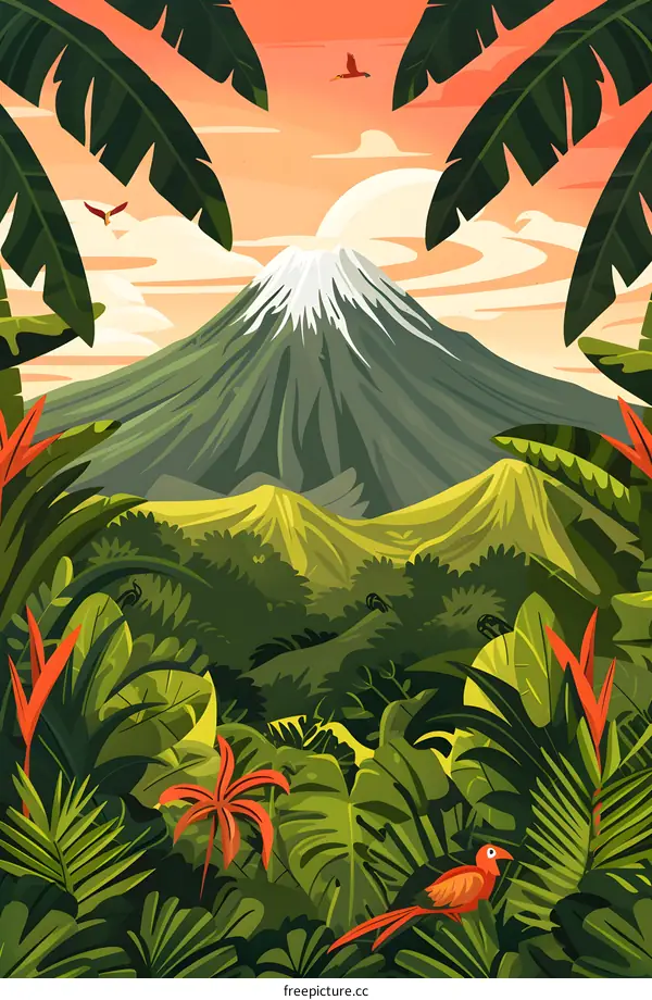 Tropical Rainforest Mountain Landscape Illustration