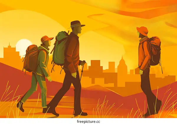 Three Hikers Walking Towards The City Skyline