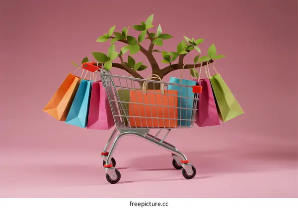 Shopping Cart Filled with Colorful Bags and Growing Tree