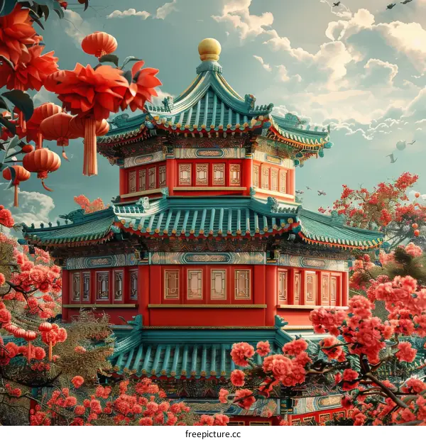 Chinese Architecture with Red Lanterns and Flowers