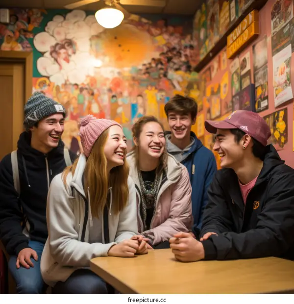 Group of diverse teenagers laughing and talking in a colorful restaurant