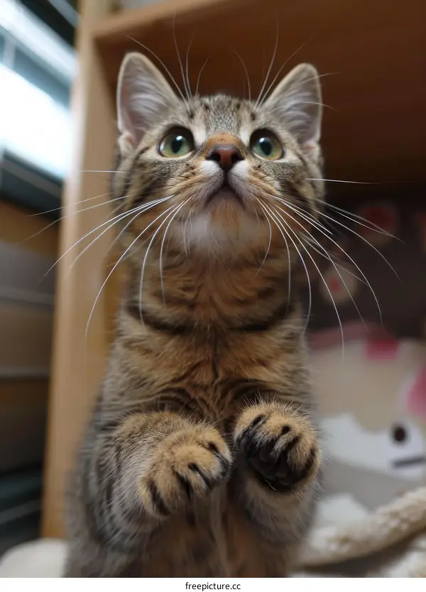 A cute tabby cat looking up with its paws in the air