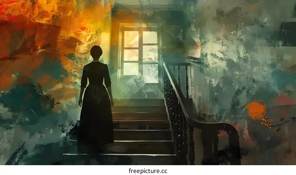 A woman standing on the stairs, and abstract oil painting