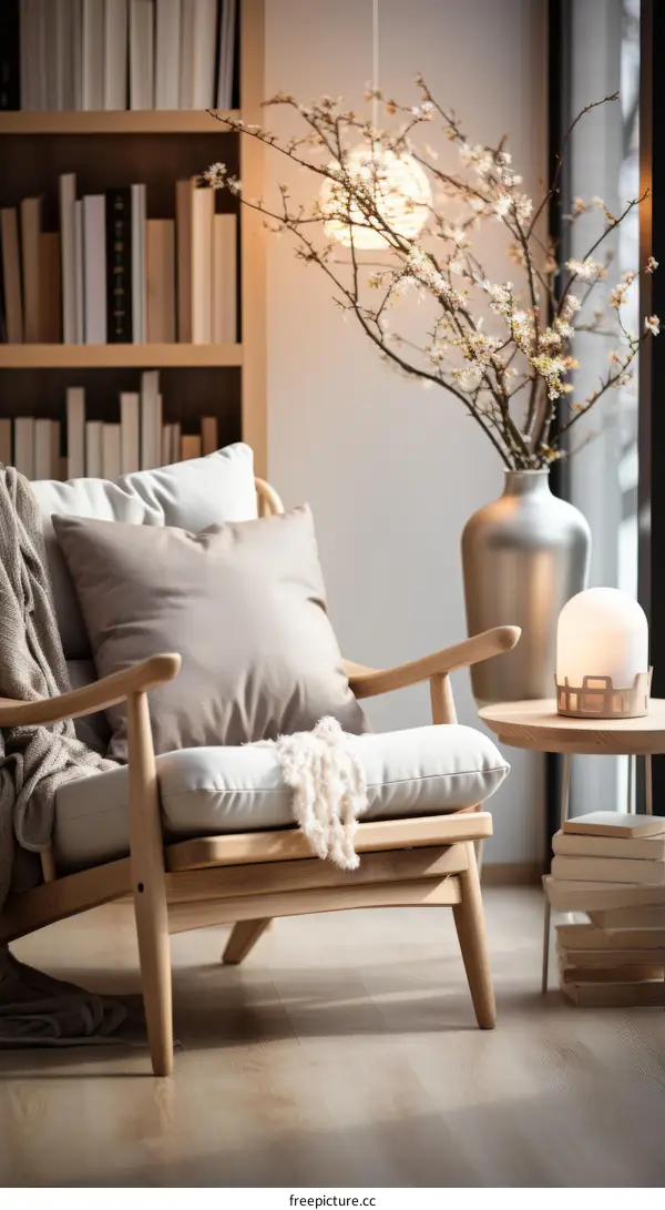 Cozy Living Room with Armchair, Side Table, and Flowers