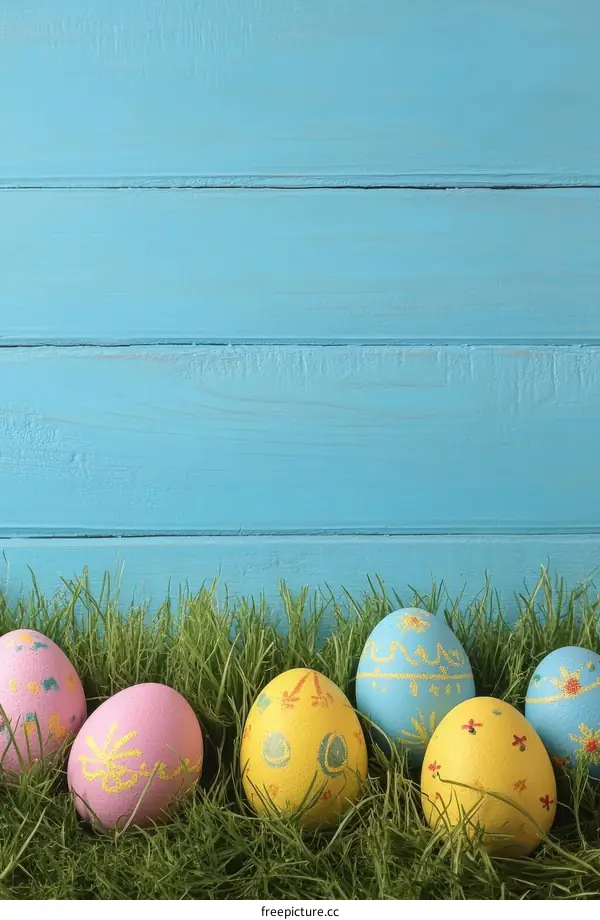 Easter Eggs in Grass on Light Blue Wooden Background