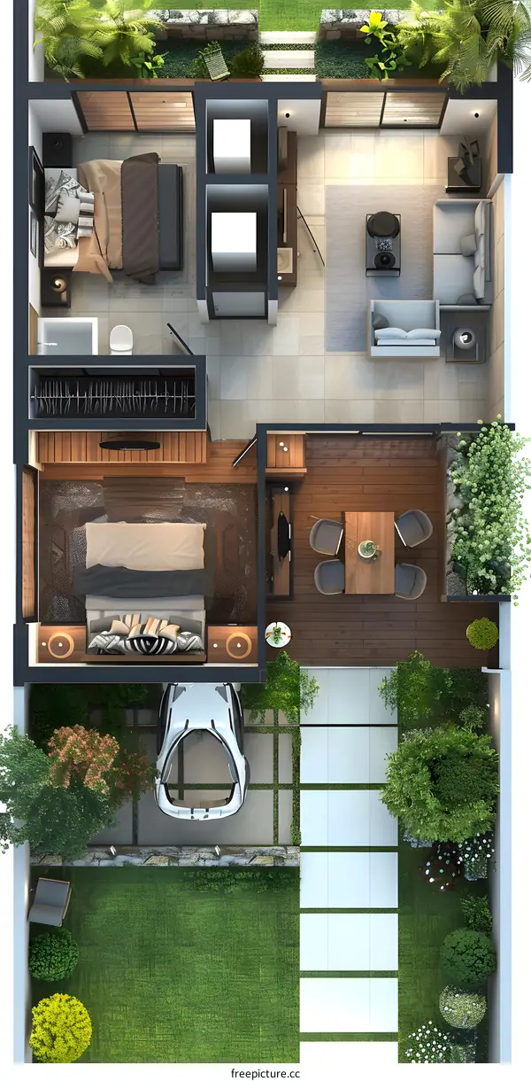 The floor plan of a three-story modern house, including a garage, a courtyard with a gate, a furnished living room, two bedrooms and a bathroom with a bathtub