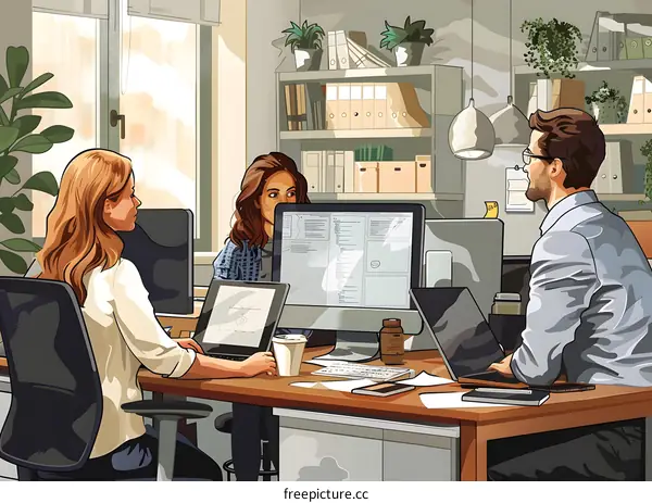 Illustration of three business professionals working together in an office