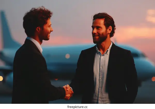 Businessmen Handshake at Airport Jet