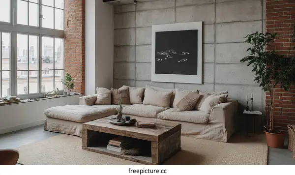 Modern Loft Living Room with Exposed Brick and Concrete