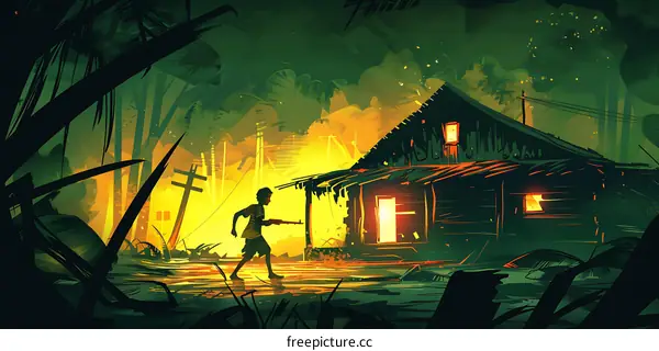 Man Walking Toward Abandoned House in Jungle