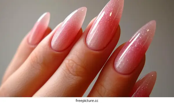 Close-up of a hand with a pink glitter nail polish
