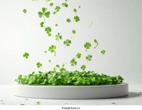 Green clovers falling on a white podium against a white background