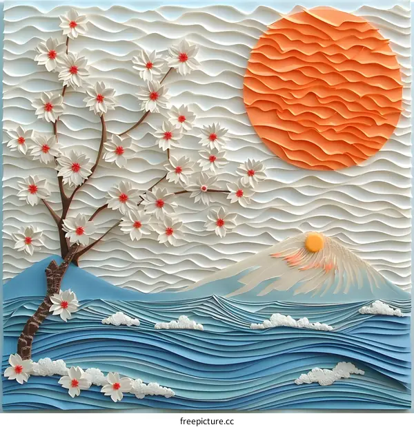 Mount Fuji with cherry blossoms and ocean waves in the foreground