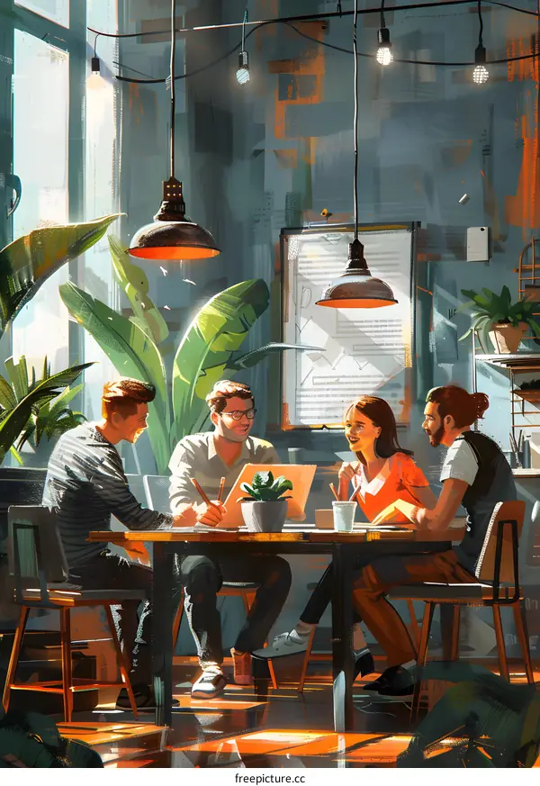 Four people in a meeting discussing ideas