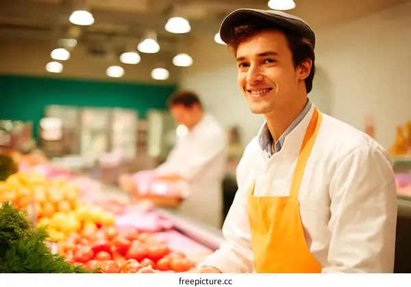 Smiling Grocery Store Employee Displaying Fresh Produce
