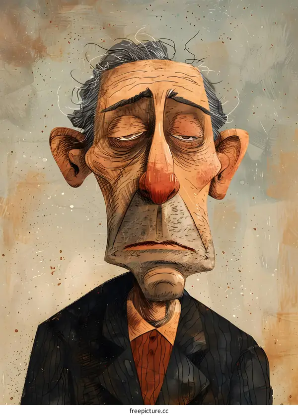 An illustration of an old man with a long face and a big nose