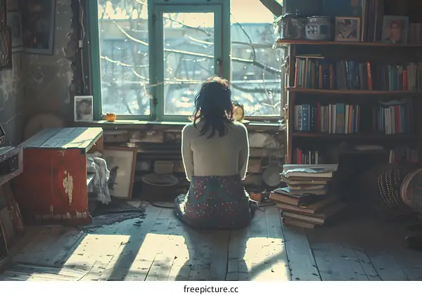 girl sitting on the floor with bookshelves around