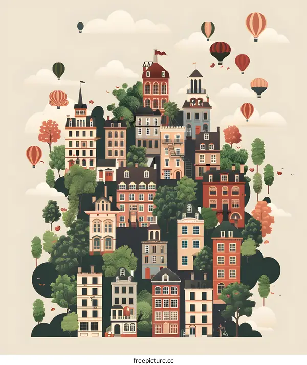 Charming European Cityscape with Hot Air Balloons
