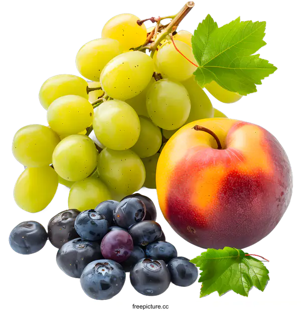 [Transparent Background PNG]Fresh Green Grapes, Peach, and Blueberries Isolated on White Background
