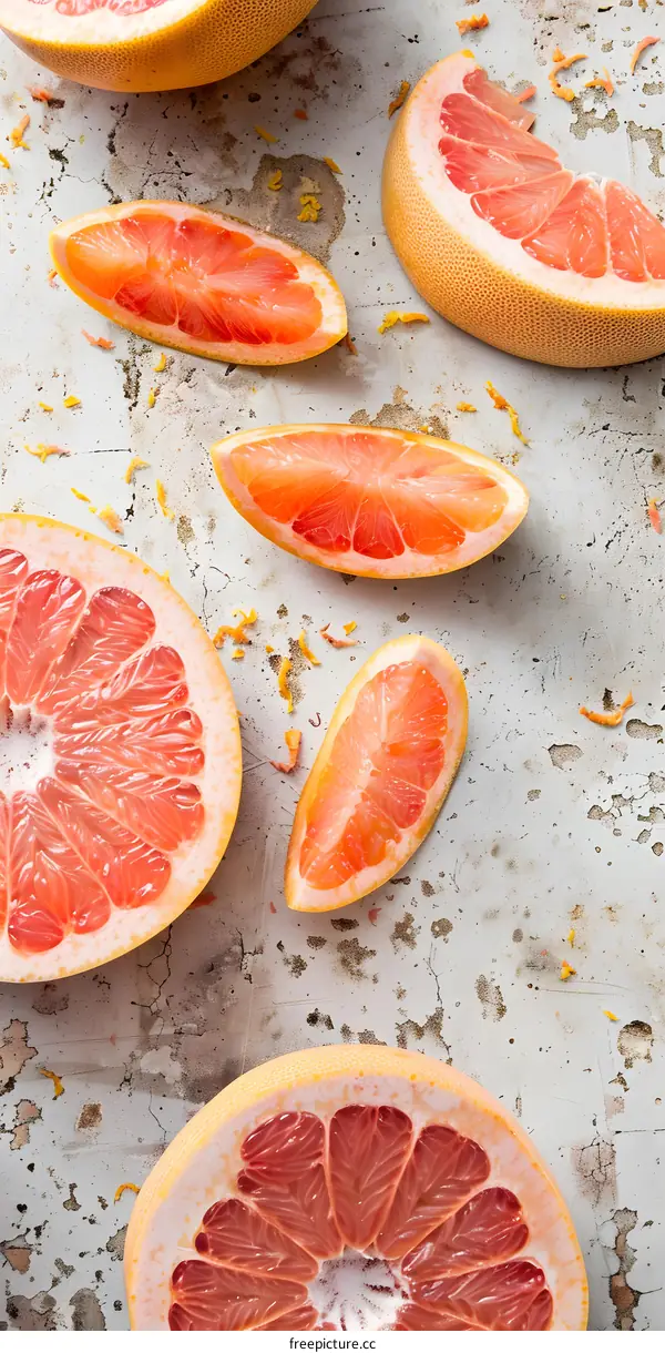Fresh Grapefruit Slices On White Table