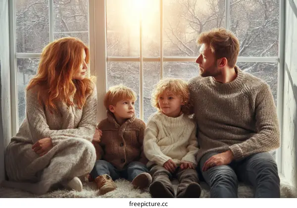 Family Enjoying Winter Day by Window