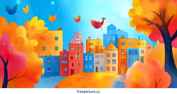 Autumn Cityscape with Colorful Buildings and Flying Birds