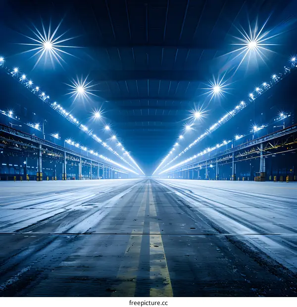 Night View of Empty Industrial Warehouse with Lights