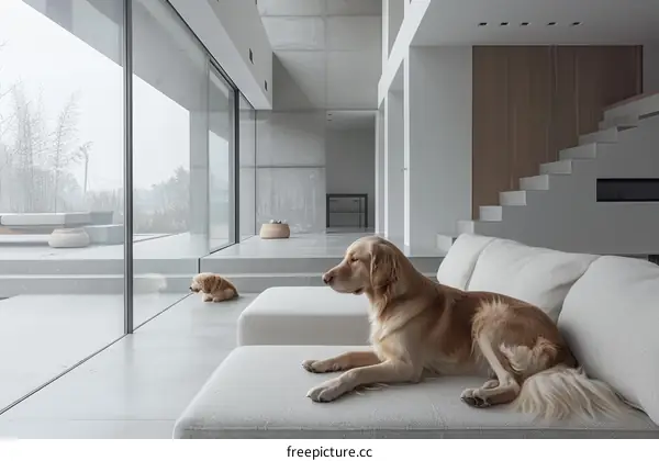Two dogs sitting on a white sofa in a modern living room