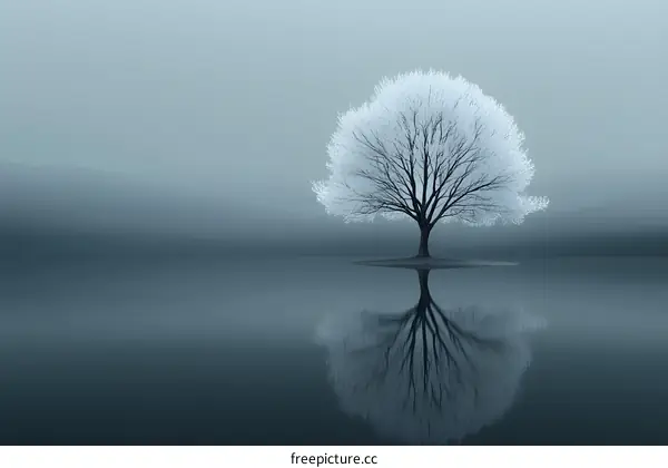 Single Tree Reflected in a Still Lake with Fog