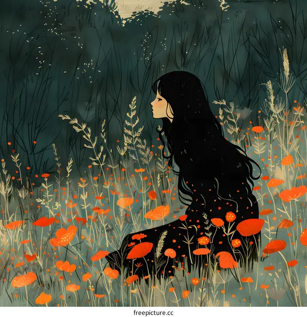 Young Woman Sitting in Field of Flowers Watercolor Illustration