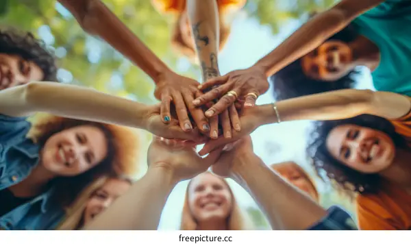 A group of diverse people joining their hands together