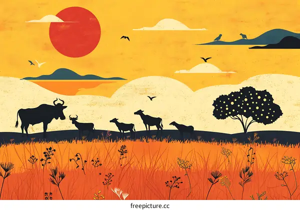 Sunset Landscape with Silhouette of Cattle in Grassland