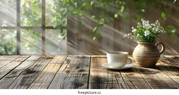 White Coffee Cup and Flowers in a Vase on a Wooden Table