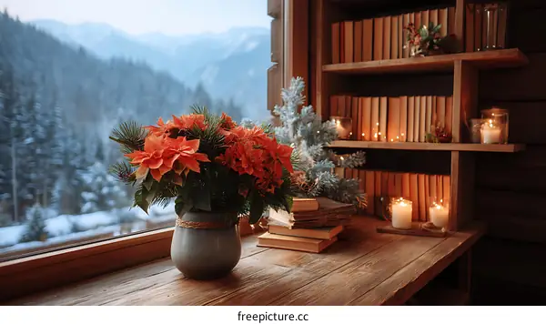 Cozy Winter Window Decor with Bookshelf and Poinsettia