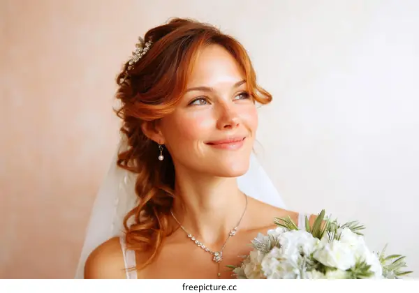 Beautiful Bride with Wedding Bouquet and Hairstyle