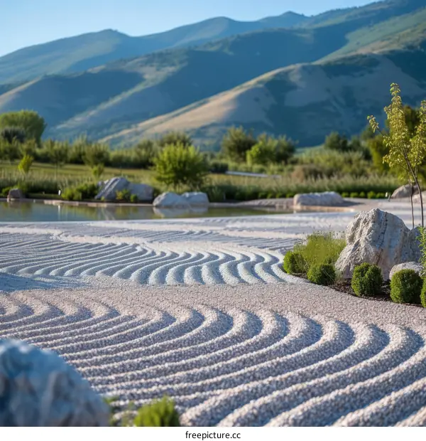 Japanese Zen garden with raked sand and stone