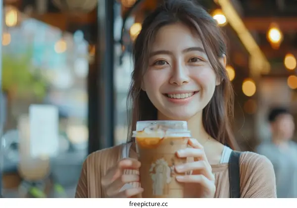 A young woman is drinking iced coffee and smiling at the camera