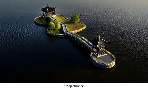 Aerial View of a Chinese Pagoda on an Island