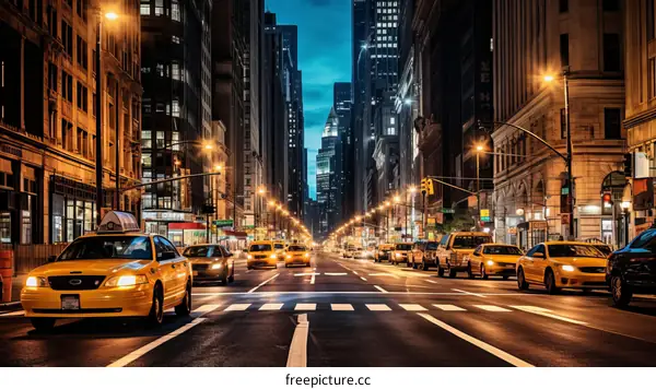New York City street scene with yellow taxis at night