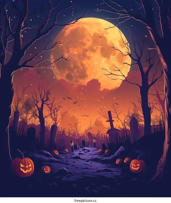 Spooky Graveyard at Night with Full Moon