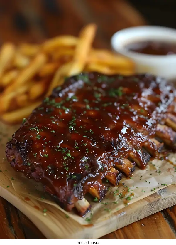 A delicious plate of BBQ ribs with a side of fries