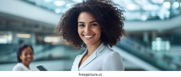 Smiling African American Woman Holding a Phone in a Modern Office Building