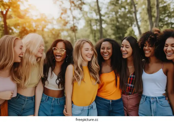 A group of diverse women laughing and walking in a park