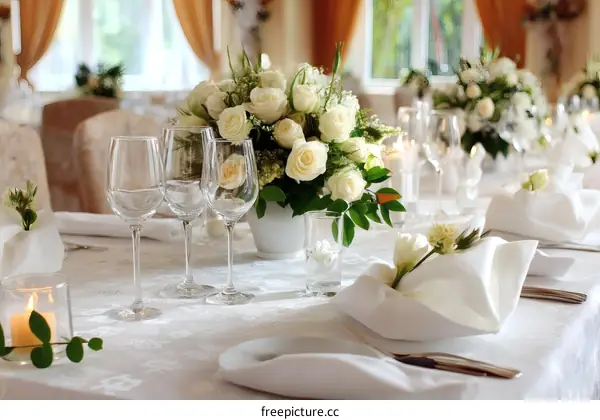 Elegant Wedding Table Setting with White Roses