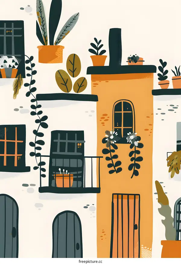 Hand Drawn Illustration Of A Building With Green Plants On The Balconies