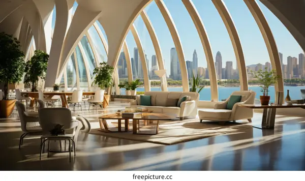 Modern interior design living room with large windows overlooking city skyline