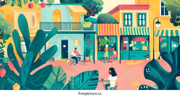 Colorful Illustration of a City Street with People and Shops